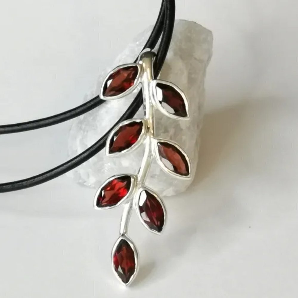 New, Sterling Silver Garnet Branch Pendant Necklace